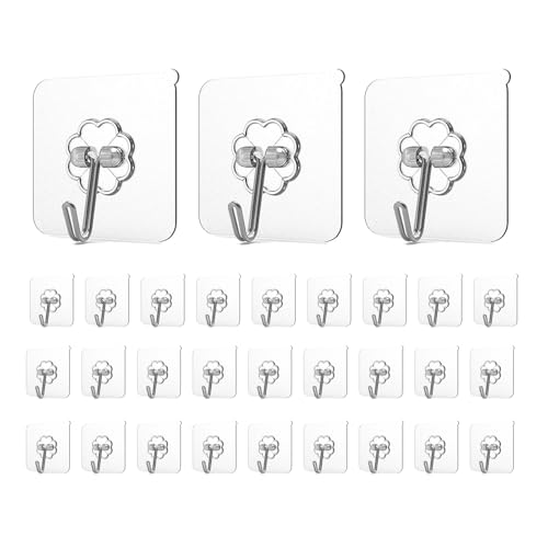 Adove Adhesive Hooks for Hanging, Heavy Duty Wall Hooks 20 Pack, Removable Sticky Ceiling Hooks, Transparent Self Adhesive Shower Hooks, Water & Oil Proof Strong 22lb(Max) Door Coat Hooks - Image 1