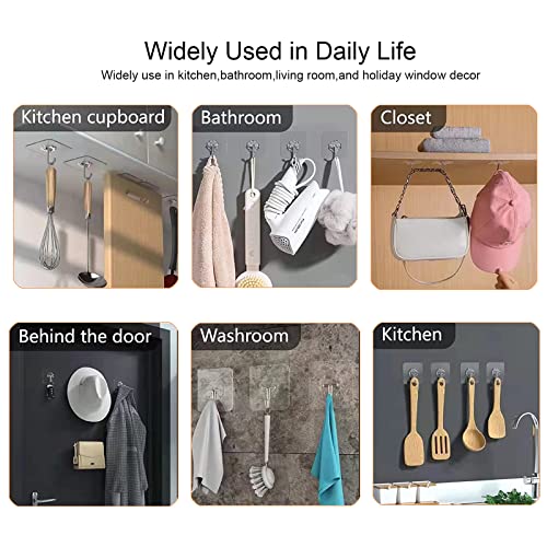 Adove Adhesive Hooks for Hanging, Heavy Duty Wall Hooks 20 Pack, Removable Sticky Ceiling Hooks, Transparent Self Adhesive Shower Hooks, Water & Oil Proof Strong 22lb(Max) Door Coat Hooks - Image 5