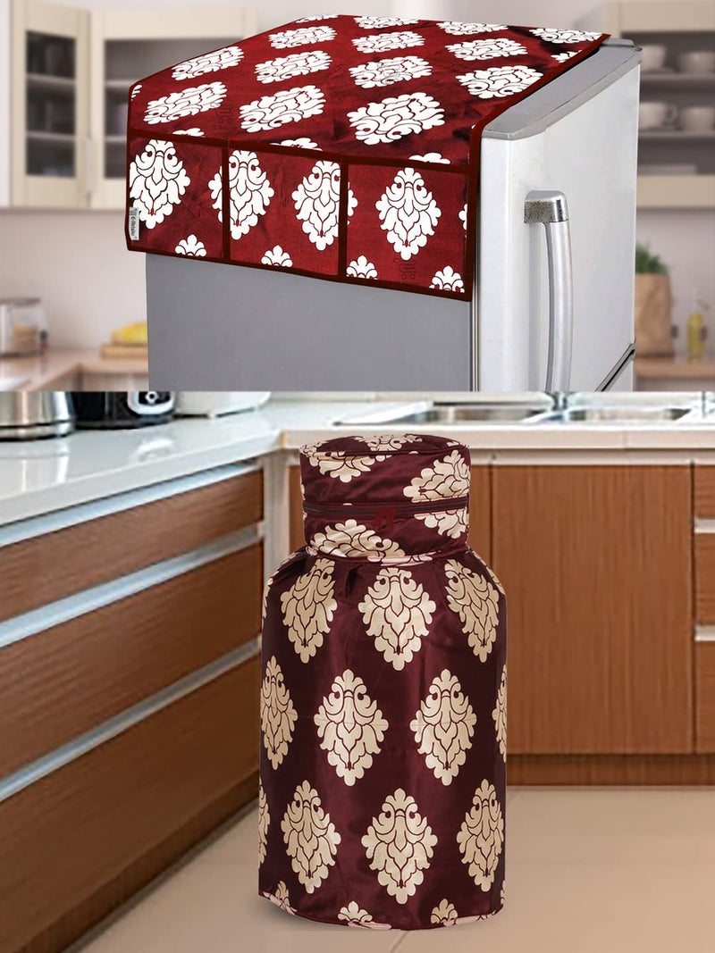 E-Retailer® Exclusive 3 Layered Combo Set of (1 Pc. of Refrigerator Top Cover with 6 Utility Pockets and 1 Pc. of LPG Gas Cylinder Cover) (Color- Maroon, Design-Ethnic, Set Contains- 2 Pcs.) - Image 1