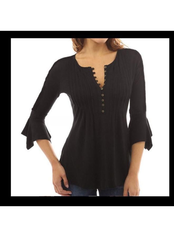 Explosions European And American Women's Seven-point Horn Sleeve V-neck Large Size Pleated Solid Color T-shirt Base Shirt