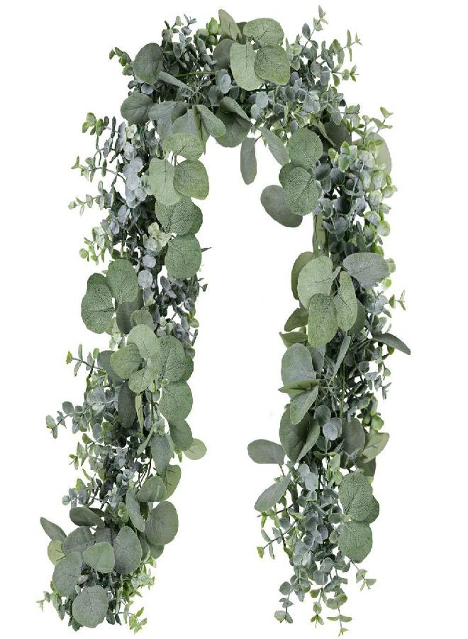 Winlyn 5.9' Long Faux Silver Dollar Eucalyptus Leaves Greenery Artificial Garland in Grey Green for Wedding Arch Swag Backdrop Doorways Table Runner Indoor Outdoor - Image 1