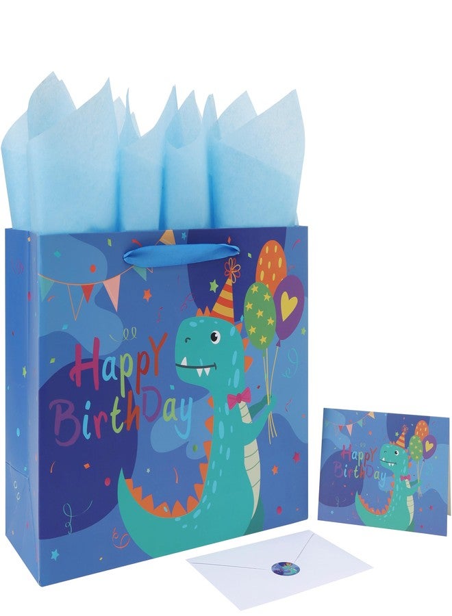 wishinside مجموعة حقائب هدايا عيد ميلاد ديناصورات كبيرة من Wishinside مقاس 13 بوصة مع مقابض، وبطاقة تهنئة، ومناديل ورقية، وملصقات للأولاد والمراهقين لحفلات أعياد الميلاد، وحفلات الأطفال، وحفلات استقبال المولود، بتصميم ديناصورات، قطعة واحدة - Image 1