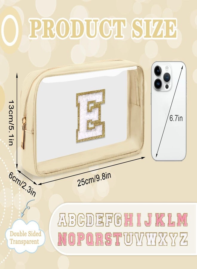 Iqimott حقيبة مكياج صغيرة شفافة مخصصة بالحرف الأول، حقيبة تجميل من نايلون مع رقعة حرف شينيلي A-Z، حقيبة مستحضرات التجميل الشاطئية، حقيبة تخزين سفر بسحاب مقاومة للماء للنساء والفتيات (بيج-أبيض E) - Image 2