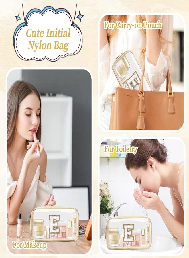 Iqimott حقيبة مكياج صغيرة شفافة مخصصة بالحرف الأول، حقيبة تجميل من نايلون مع رقعة حرف شينيلي A-Z، حقيبة مستحضرات التجميل الشاطئية، حقيبة تخزين سفر بسحاب مقاومة للماء للنساء والفتيات (بيج-أبيض E) - Image 5