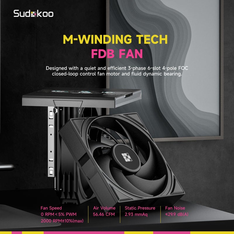 Sudokoo SK620V CPU Air Cooler: 6 Heatpipes Dual Tower CPU Cooler with Digital Display for AM5 Exclusive - Black PC Cooler with 120mm FDB PWM Quiet Fans & Quick Lock Mount - Image 5