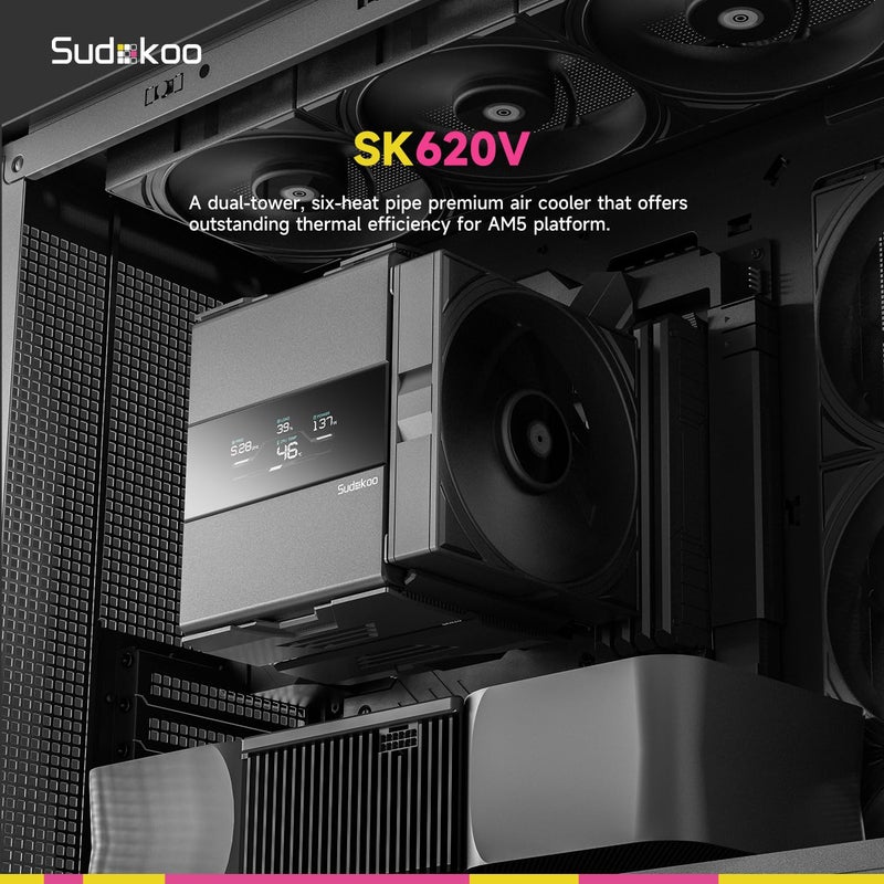 Sudokoo SK620V CPU Air Cooler: 6 Heatpipes Dual Tower CPU Cooler with Digital Display for AM5 Exclusive - Black PC Cooler with 120mm FDB PWM Quiet Fans & Quick Lock Mount - Image 2