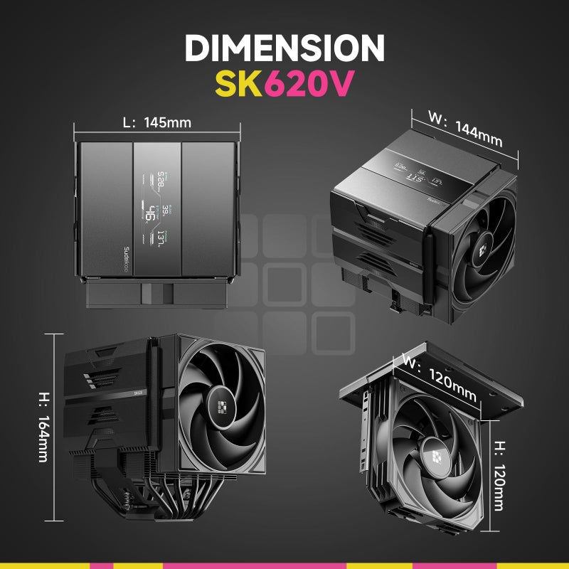 Sudokoo SK620V CPU Air Cooler: 6 Heatpipes Dual Tower CPU Cooler with Digital Display for AM5 Exclusive - Black PC Cooler with 120mm FDB PWM Quiet Fans & Quick Lock Mount - Image 4