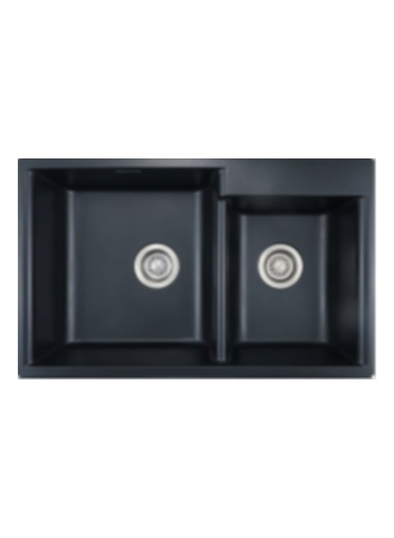 Granite Topmount Double Bowl Kitchen Sink - SZS0801027, Black Color, 80% Quartz 20% Acrylic Resin, Basket Waste & Pipe Included, 782 × 480 × 200 mm