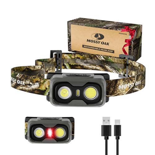 Mossy Oak 600 Lumens Rechargeable Headlamp, Lightweight LED Headlight with White & Red Light, Waterproof Head Lamp with Non-Slip Band, Dimmable & Memory Function for Hunting, Camping, Power Outage - Image 1