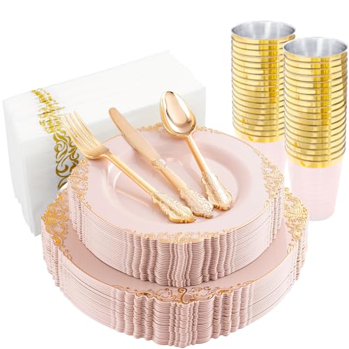 Morejoy 175pcs Pink Plastic Plates - Pink and Gold Disposable Plates, 10.25 inch Plastic Dinner Plates, Perfect for Wedding & Party & Holiday - Image 1