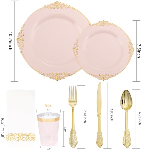 Morejoy 175pcs Pink Plastic Plates - Pink and Gold Disposable Plates, 10.25 inch Plastic Dinner Plates, Perfect for Wedding & Party & Holiday - Image 3