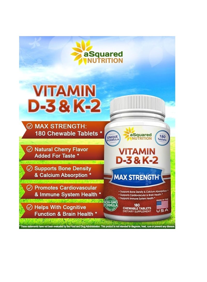 aSquared Nutrition Vitamin D3 With K2 Supplement 180 Chewable Tablets Max Strength D3 Cholecalciferol & K2 Mk7 - Image 2
