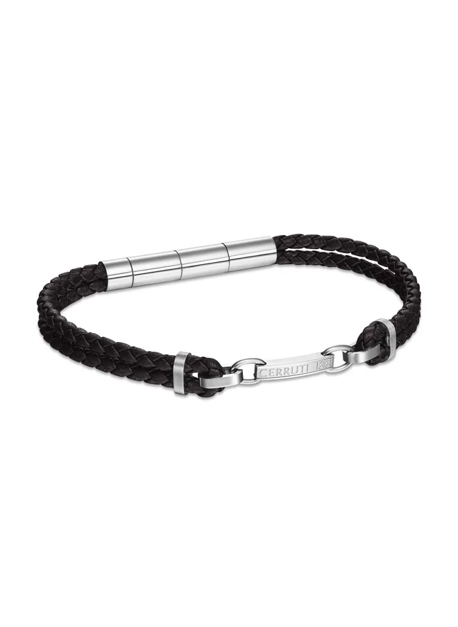 CERRUTI 1881 Sandro Black Leather Bracelet with Stainless Steel Link Motif for Men