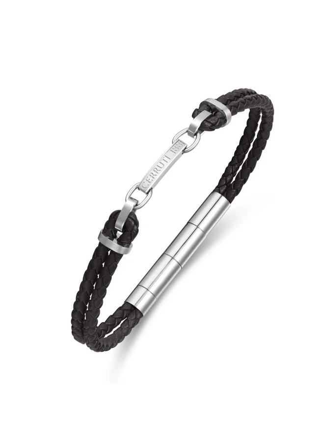 CERRUTI 1881 Sandro Black Leather Bracelet with Stainless Steel Link Motif for Men