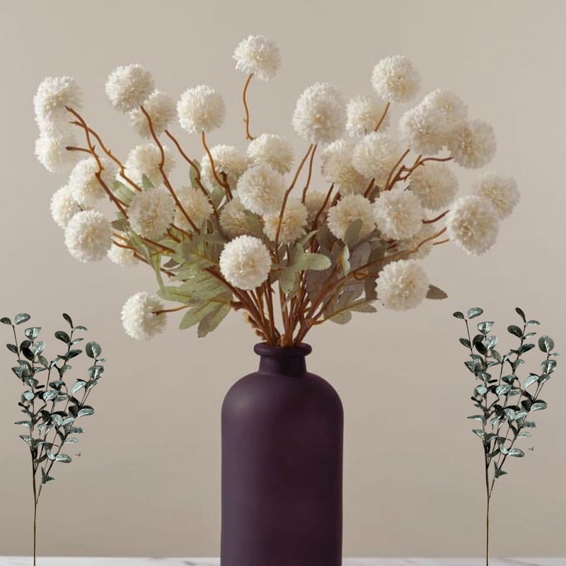RyddeligHome White Faux Flowers for Vase  Kiku 10 Stems  Eucalyptus Fake Flowers Stems Realistic Artificial Flowers Pom Pom Balls for Aesthetic Room Decor Floral Arrangements Centerpiece