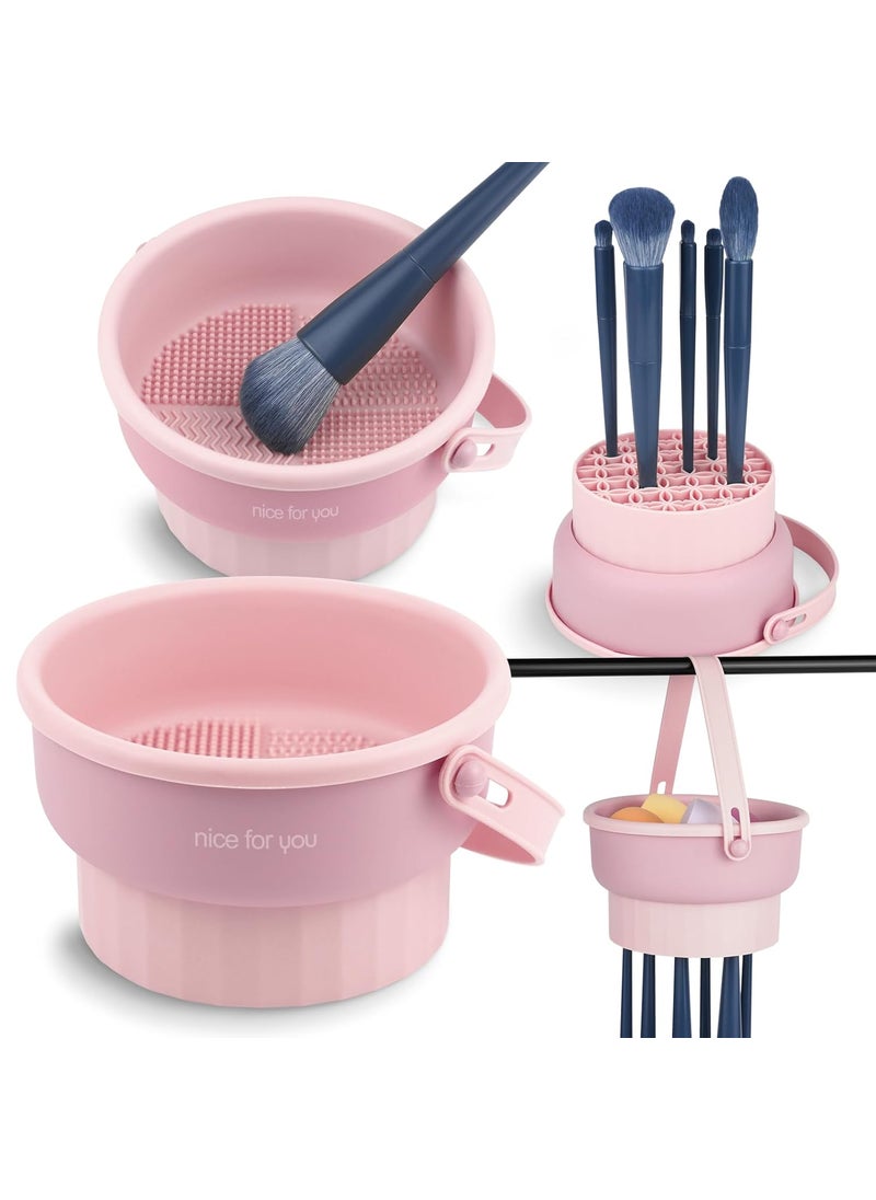 Ranphykx - Makeup Brush Cleaner Mat 3 in 1 Silicone Makeup Brush Cleaning Bowl with Drying Holder Brush Cleaning Scrubber Tool Cosmetic Brush Cleaner with Holder for Storage Stand (Pink) - Image 1