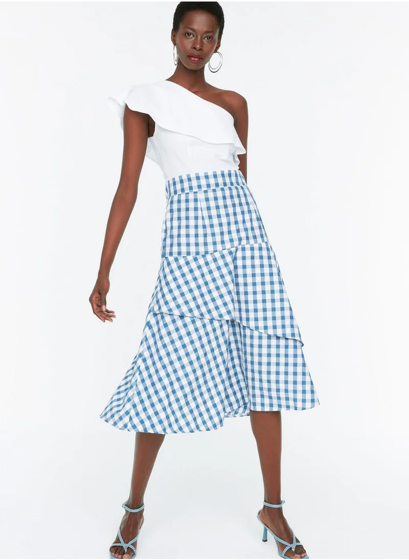 trendyol One Shoulder Checked Ruffle Detail Dress