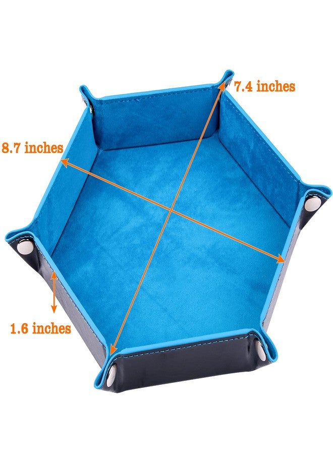 SIQUK 4 Pieces Dice Tray Set Foldable Dice Trays Hexagon Rolling Tray PU Leather Holder Srotage Box (Camel, Sky Blue, Black, Gray) - Image 2