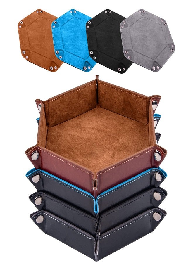 SIQUK 4 Pieces Dice Tray Set Foldable Dice Trays Hexagon Rolling Tray PU Leather Holder Srotage Box (Camel, Sky Blue, Black, Gray) - Image 1