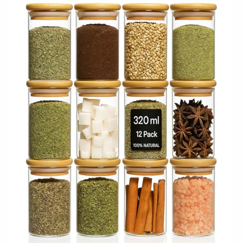 SILIVO Spice Jars with Airtight Bamboo Lid [Round, Pack Of 12, 320ml] - Glass Spice Bottles, Seasoning Jars and Containers for Salt, Sugar, Coffee Beans - Set of 12 Jars with Wooden Lids - Image 1