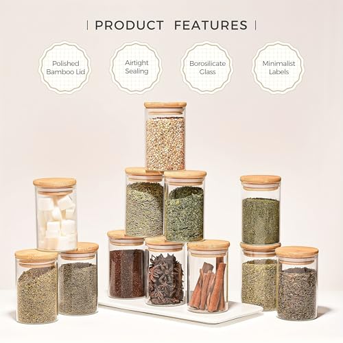 SILIVO Spice Jars with Airtight Bamboo Lid [Round, Pack Of 12, 320ml] - Glass Spice Bottles, Seasoning Jars and Containers for Salt, Sugar, Coffee Beans - Set of 12 Jars with Wooden Lids - Image 4