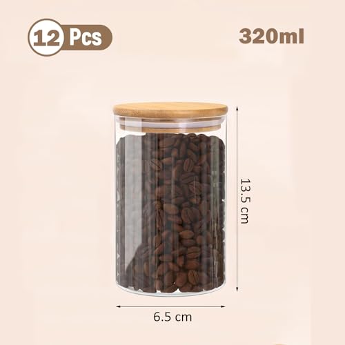 SILIVO Spice Jars with Airtight Bamboo Lid [Round, Pack Of 12, 320ml] - Glass Spice Bottles, Seasoning Jars and Containers for Salt, Sugar, Coffee Beans - Set of 12 Jars with Wooden Lids - Image 3