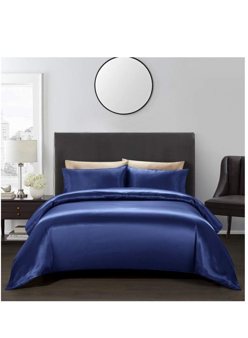 Bedding Duvet Cover Sets, 3 Pieces Satin Bedding Set, King Size Silky Duvet Covers Collection, 1x Cooling Duvet Cover 104x90 Inches and 2 Pillowcases, Comforter Not Included - Blue  - Image 1