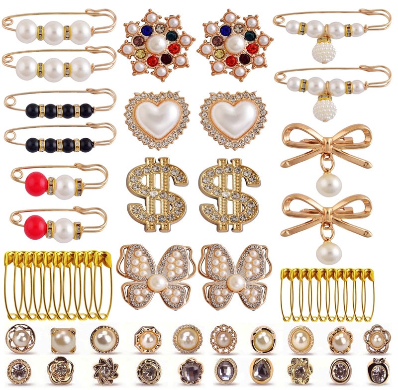 Cmidy Shoe Charms for Sneakers Charms for Socks Safety Pins 54pcs Brooches and Pins for Women Gold Junk Sock Charm Kit Pin Jewelry Accessories Bulk Rhinestone Pearl Brooch Pin Button for Women Clothes Hats - Image 1