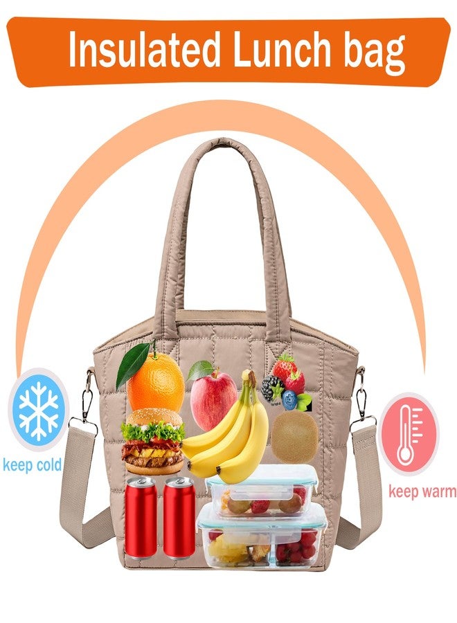 LOIDOU Insulated Lunch Box for Women, 9L Large Quilted Puffer Lunch Bag, Leakproof Lunch Box Tote with Adjustable Shoulder Strap, Waterproof Cute Thermal Lunchbox for Work Travel Picnic, Khaki - Image 2