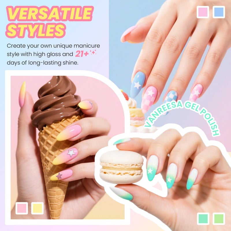 VANREESA 24 Pcs Pastel Gel Nail Polish Set, 21 Colors Spring & Summer Gel Polish with Base Coat Glossy & Matte Top Coat Yellow Green Blue Pink Purple Orange Gel Polish Kit Nail Kit Gifts for Women - Image 4