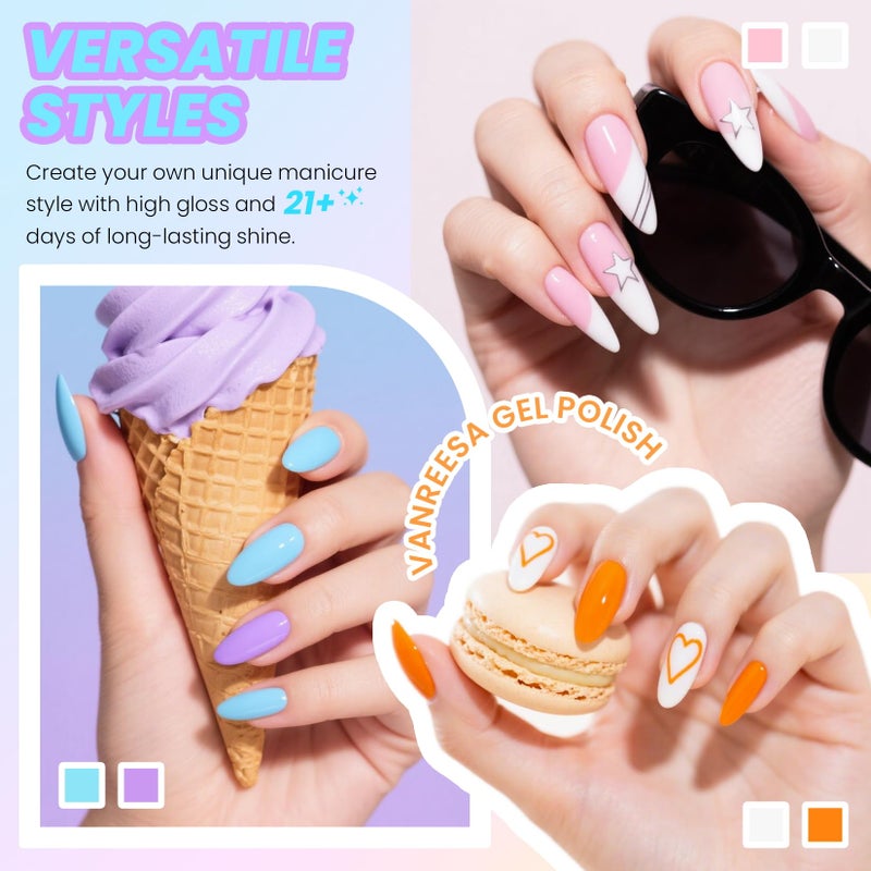 VANREESA 24 Pcs Pastel Gel Nail Polish Set, 21 Colors Spring & Summer Gel Polish with Base Coat Glossy & Matte Top Coat Yellow Green Blue Pink Purple Orange Gel Polish Kit Nail Kit Gifts for Women - Image 3