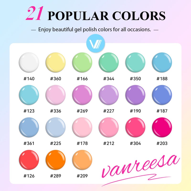 VANREESA 24 Pcs Pastel Gel Nail Polish Set, 21 Colors Spring & Summer Gel Polish with Base Coat Glossy & Matte Top Coat Yellow Green Blue Pink Purple Orange Gel Polish Kit Nail Kit Gifts for Women - Image 2