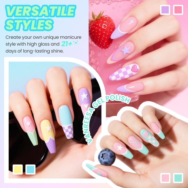 VANREESA 24 Pcs Pastel Gel Nail Polish Set, 21 Colors Spring & Summer Gel Polish with Base Coat Glossy & Matte Top Coat Yellow Green Blue Pink Purple Orange Gel Polish Kit Nail Kit Gifts for Women - Image 5