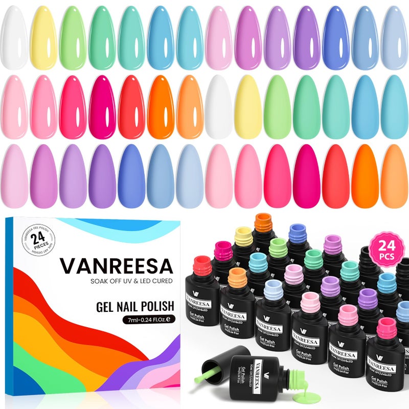 VANREESA 24 Pcs Pastel Gel Nail Polish Set, 21 Colors Spring & Summer Gel Polish with Base Coat Glossy & Matte Top Coat Yellow Green Blue Pink Purple Orange Gel Polish Kit Nail Kit Gifts for Women - Image 1