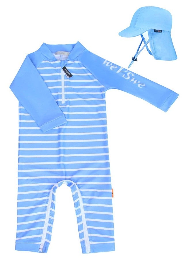 weVSwe Newborn Swimsuit Boy Toddler Blue Stripes Rash Guard UPF 50+ Sun Protection Swimwear Recycled Polyester with Swim Hat - Image 1
