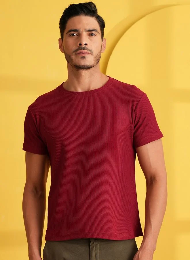 تايك تو Maroon Solid Round Neck Ribbed Knit T-Shirt By Reprise