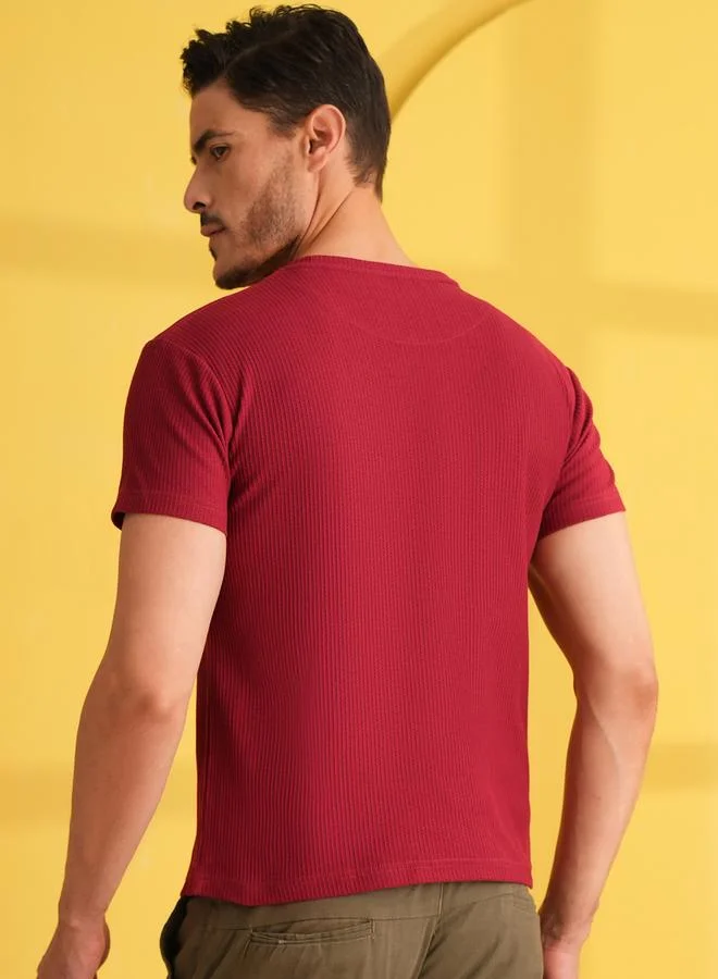 تايك تو Maroon Solid Round Neck Ribbed Knit T-Shirt By Reprise
