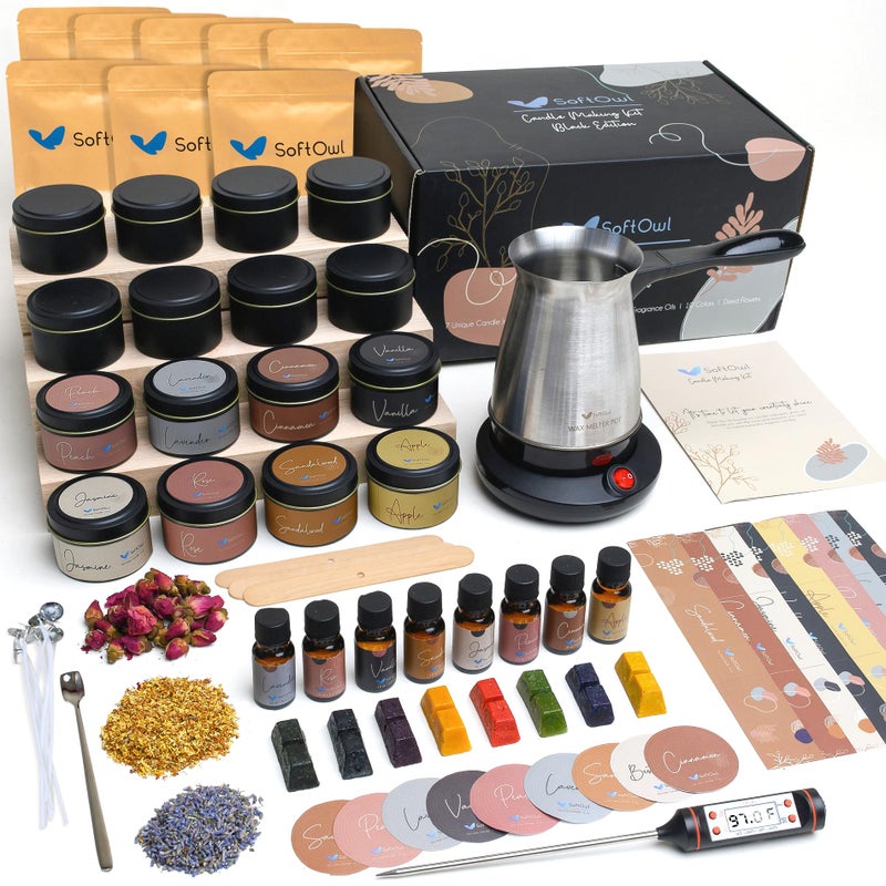 SoftOwl Premium Soy Candle Making Kit Black Edition Full Set with Electric Melter Soy Wax Big 16 Tins 8 Pleasant Scents 8x2 Color Dyes More Perfect as Home Decorations