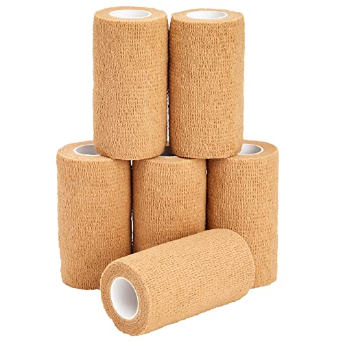 Juvale Cohesive SelfAdhering Elastic Bandage Wrap  Sprain Support  Medical Tape  Vet Wrap for Horses  Horse Leg Support  Sport Tape  Tattoo Bandage  4 in x 5 yd Tan Pack of 6 - Image 1
