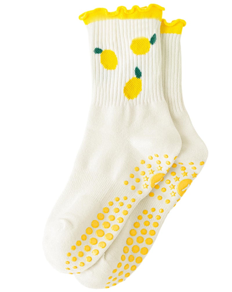 Yawlsow Pilates Grip Socks for Women Cute Ruffle Yoga Non Slip Grippy Socks Frilly Sticky Barre Workout Sock with Grippers (US, Alpha, One Size, Regular, Regular, 1 Pack-Lemon) - Image 1