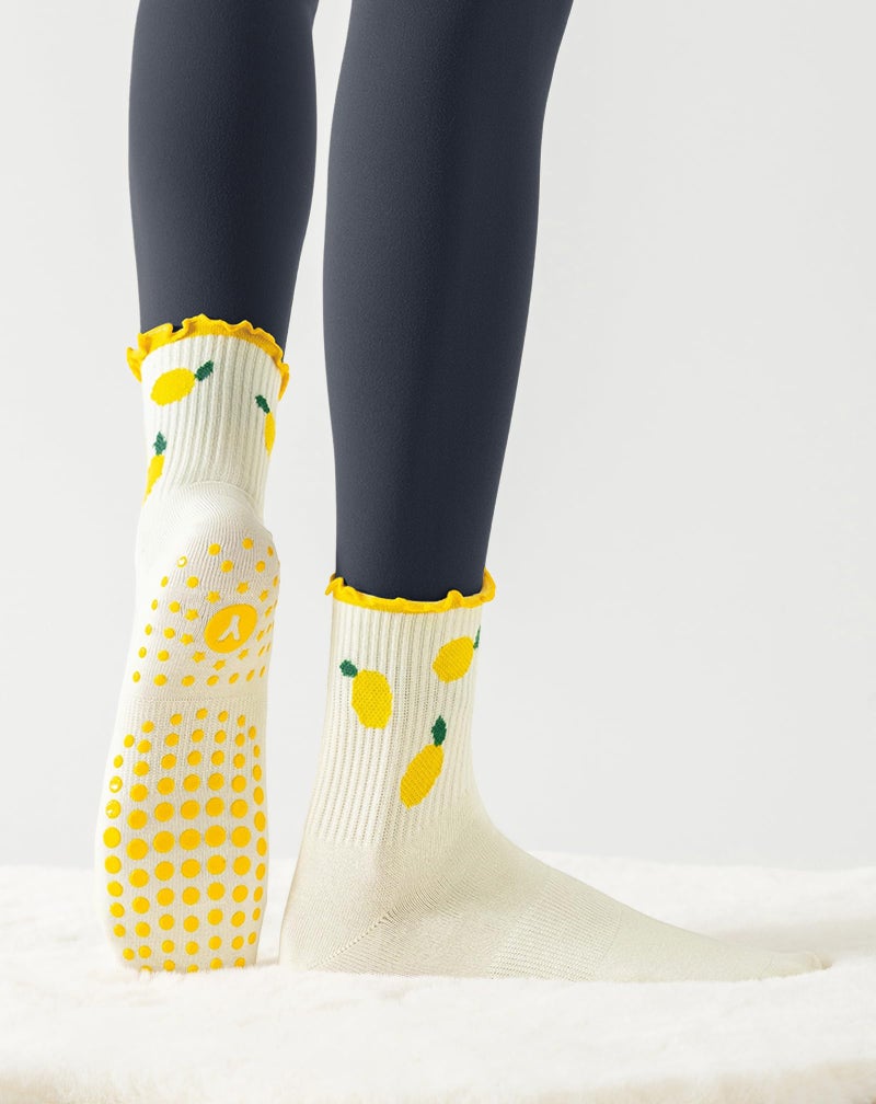 Yawlsow Pilates Grip Socks for Women Cute Ruffle Yoga Non Slip Grippy Socks Frilly Sticky Barre Workout Sock with Grippers (US, Alpha, One Size, Regular, Regular, 1 Pack-Lemon) - Image 2