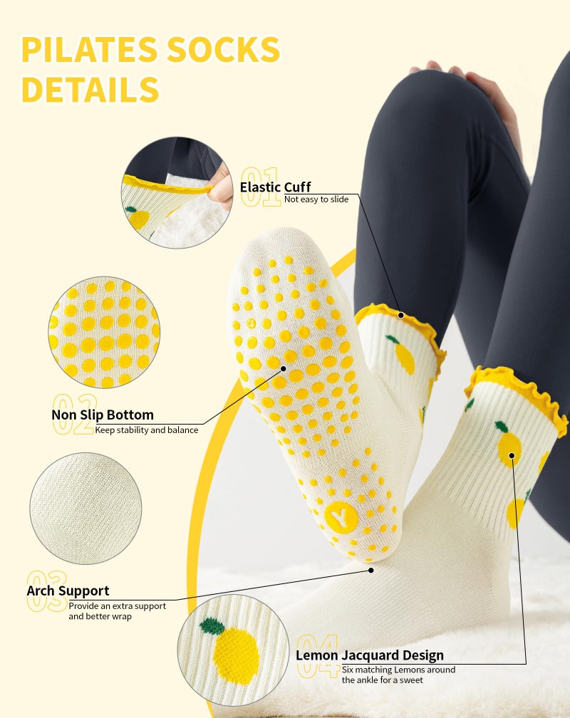 Yawlsow Pilates Grip Socks for Women Cute Ruffle Yoga Non Slip Grippy Socks Frilly Sticky Barre Workout Sock with Grippers (US, Alpha, One Size, Regular, Regular, 1 Pack-Lemon) - Image 5