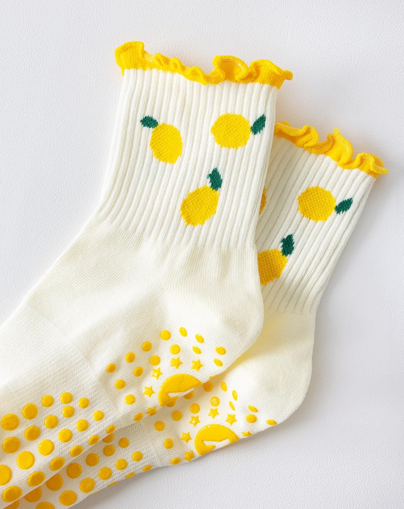 Yawlsow Pilates Grip Socks for Women Cute Ruffle Yoga Non Slip Grippy Socks Frilly Sticky Barre Workout Sock with Grippers (US, Alpha, One Size, Regular, Regular, 1 Pack-Lemon) - Image 4