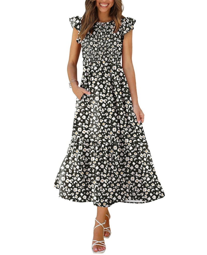 OFEEFAN Casual Dresses Summer Dresses for Women 2025 Floral Black L - Image 1