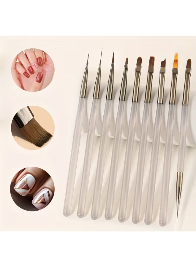 Rozino 9pcs Nail Art Brushes Set, Ultra-Fine Synthetic Bristles, Translucent Grey Handles for Detailed Design - Image 1