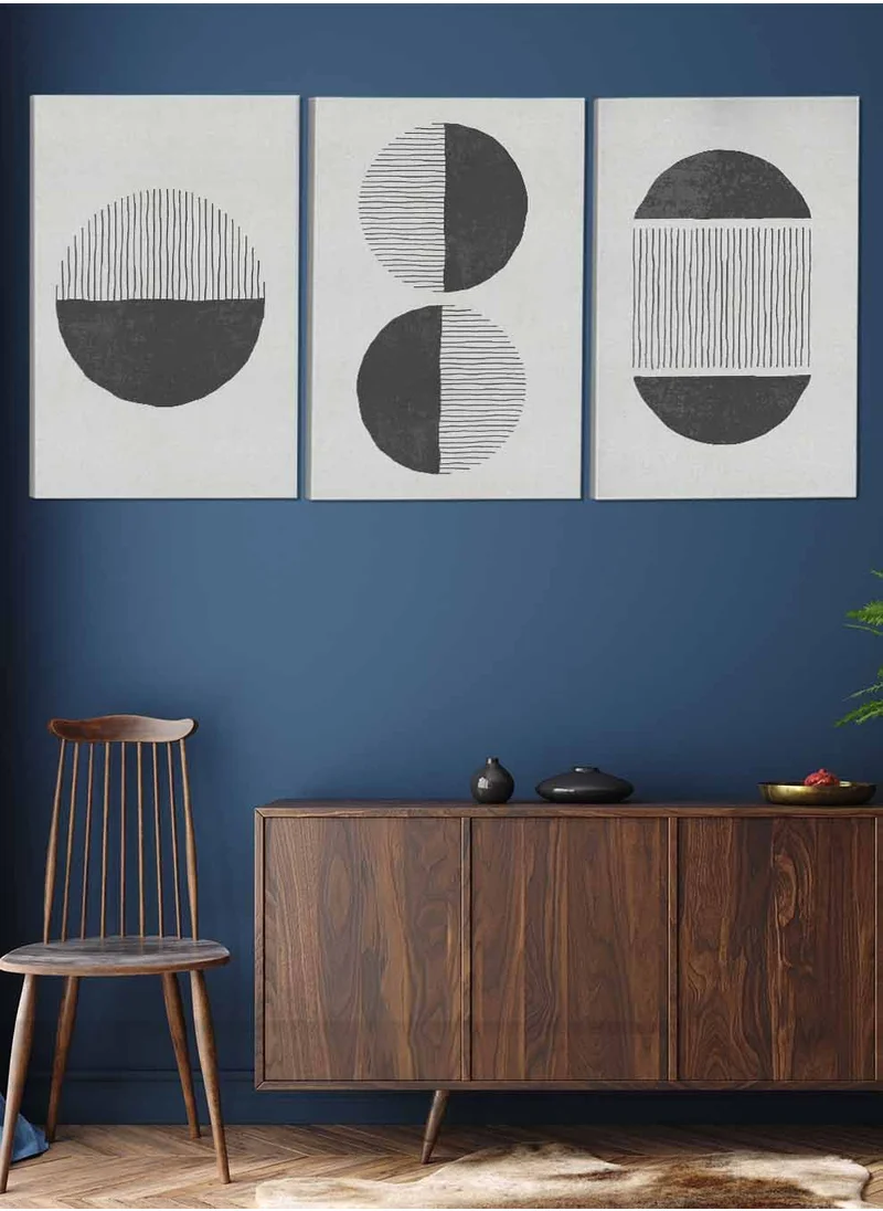 LOWHA Set Of 3 Canvas Wall Arts Stretched Over Wooden Frame Circles Lines Abstract Paintings