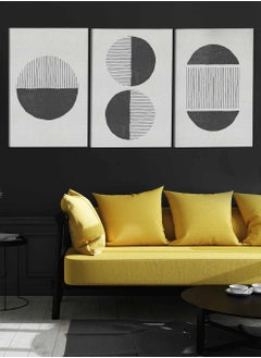 LOWHA Set Of 3 Canvas Wall Arts Stretched Over Wooden Frame Circles Lines Abstract Paintings  - Image 3
