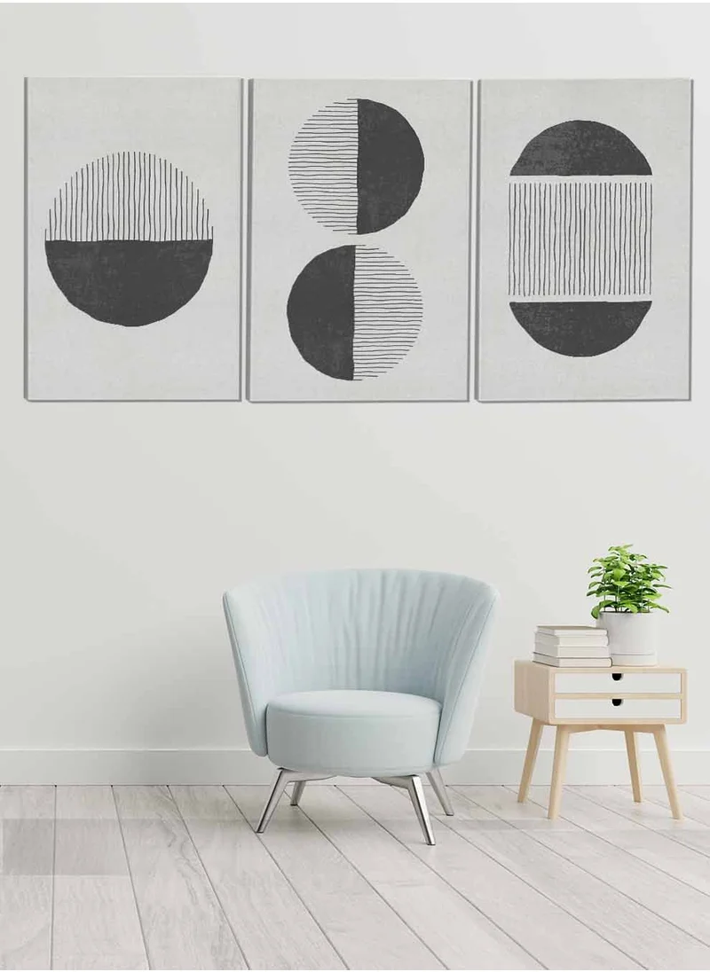 LOWHA Set Of 3 Canvas Wall Arts Stretched Over Wooden Frame Circles Lines Abstract Paintings