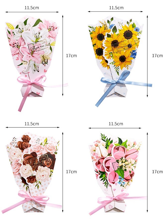 أربع بطاقات معايدة على شكل باقة زهور، بطاقات ملاحظات فارغة ثلاثية الأبعاد رائعة مزينة بشرائط فيونكة، بطاقات هدايا يدوية الصنع قابلة للطي على شكل زهور، بطاقات شكر للأحبة والأمهات والأصدقاء - Image 2