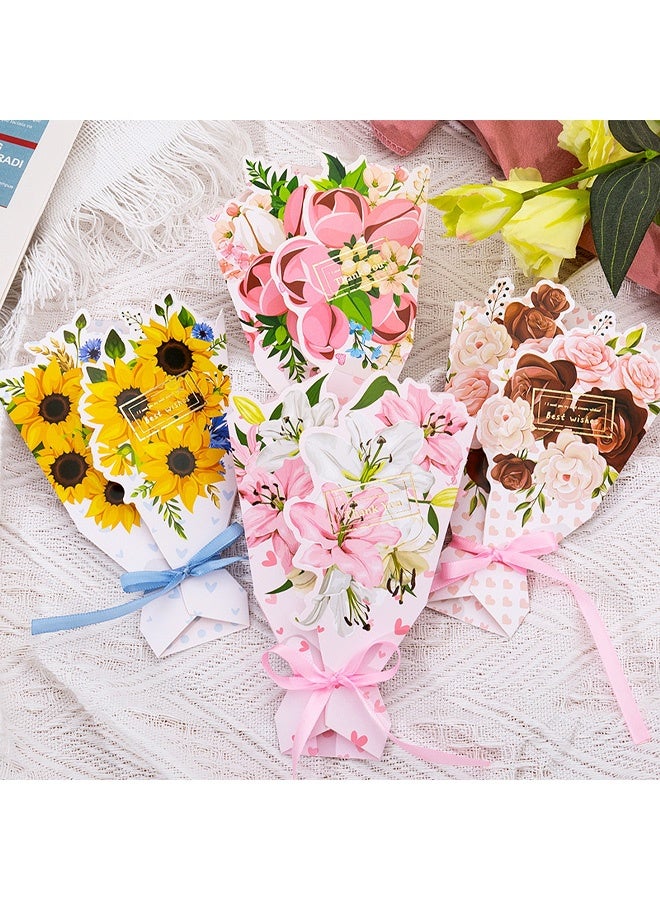 أربع بطاقات معايدة على شكل باقة زهور، بطاقات ملاحظات فارغة ثلاثية الأبعاد رائعة مزينة بشرائط فيونكة، بطاقات هدايا يدوية الصنع قابلة للطي على شكل زهور، بطاقات شكر للأحبة والأمهات والأصدقاء - Image 3